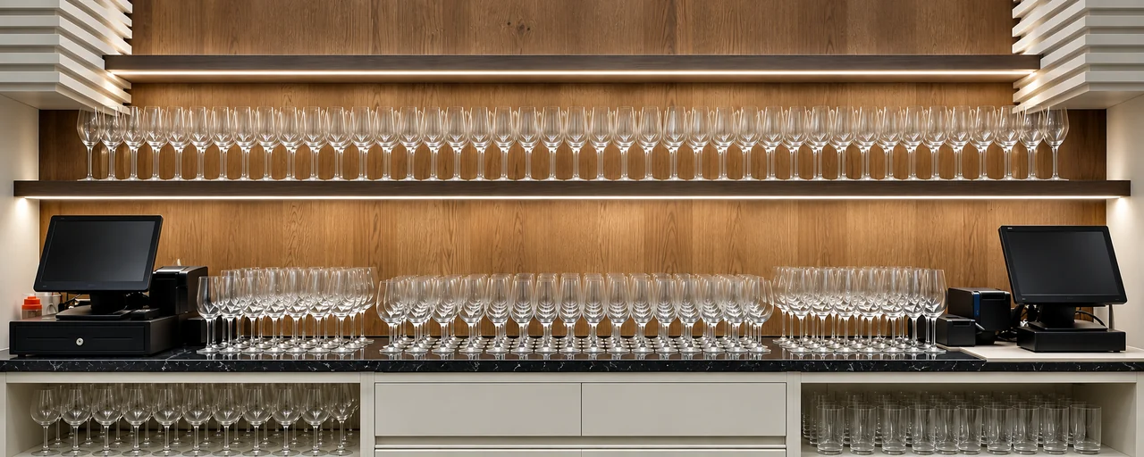 Barra del restaurante con filas de copas de cristal y estantería de fondo